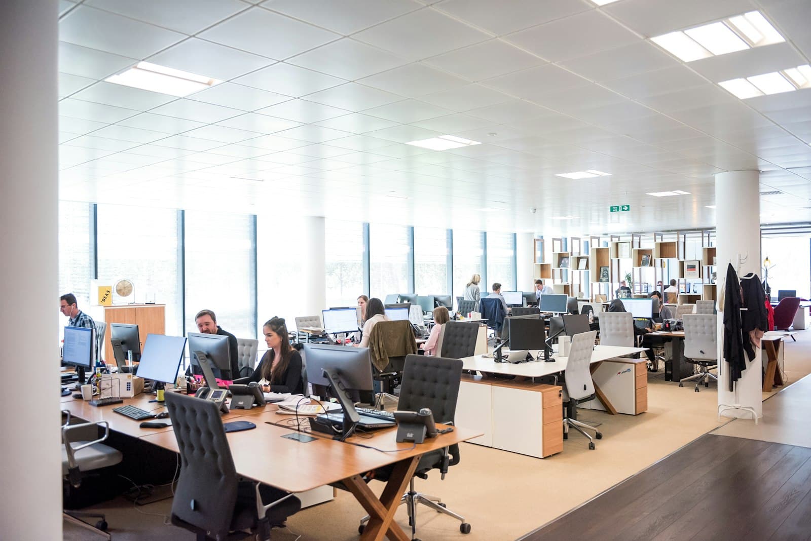 Open-plan office with rows of staff working at desktop computers